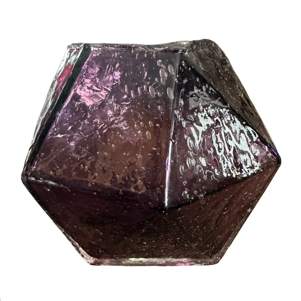 ANTHROPOLOGIE Geometric Amethyst Hand Blown Seeded Gem Glass Vase 6”x 8” Faceted